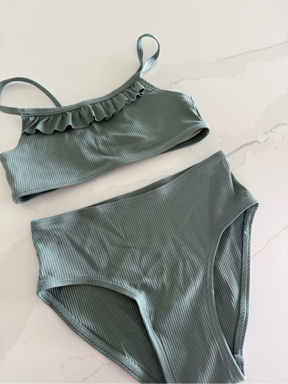Kids Ribbed Two-Piece Bikini Set in Sage Green